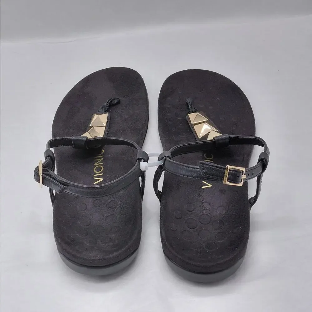 Vionic Womens Thong Sandals Size 9 Black Gold Studded T Strap Comfort Shoes